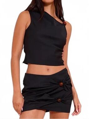 PLT Black Asymmetrical Crop Top & Mini Skirt Set